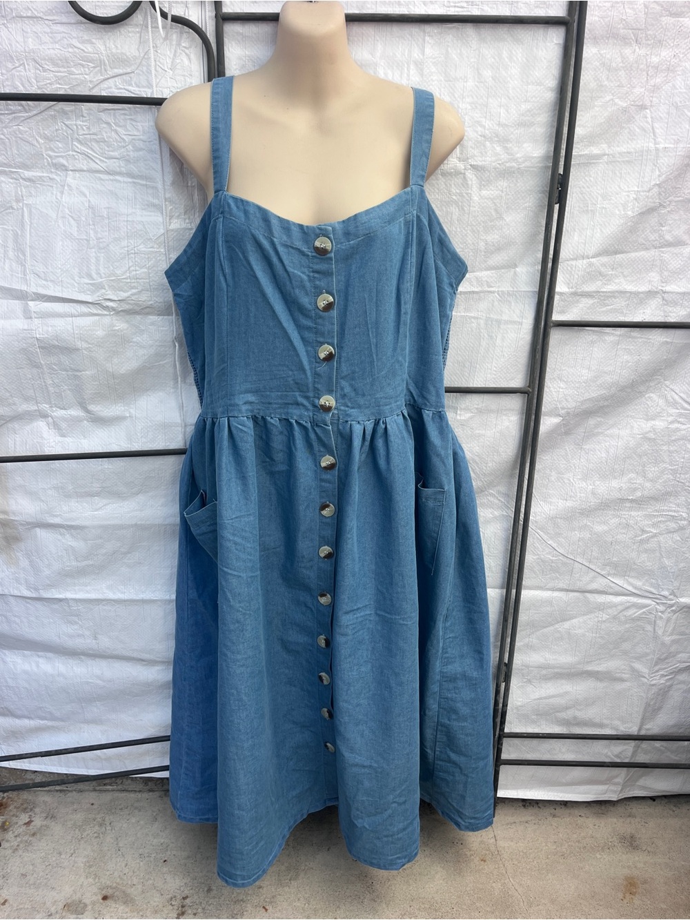 Sleeveless Blue Denim Midi Dress with Front Buttons